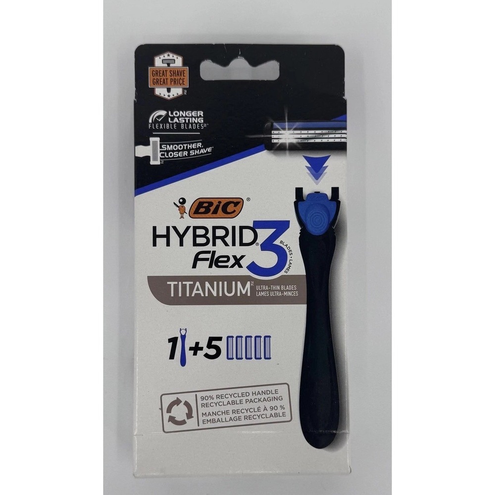 BIC Hybrid Flex 3 Titanium Razor Blue 1 Handle 5 Cartridges Mens Shaving NEW